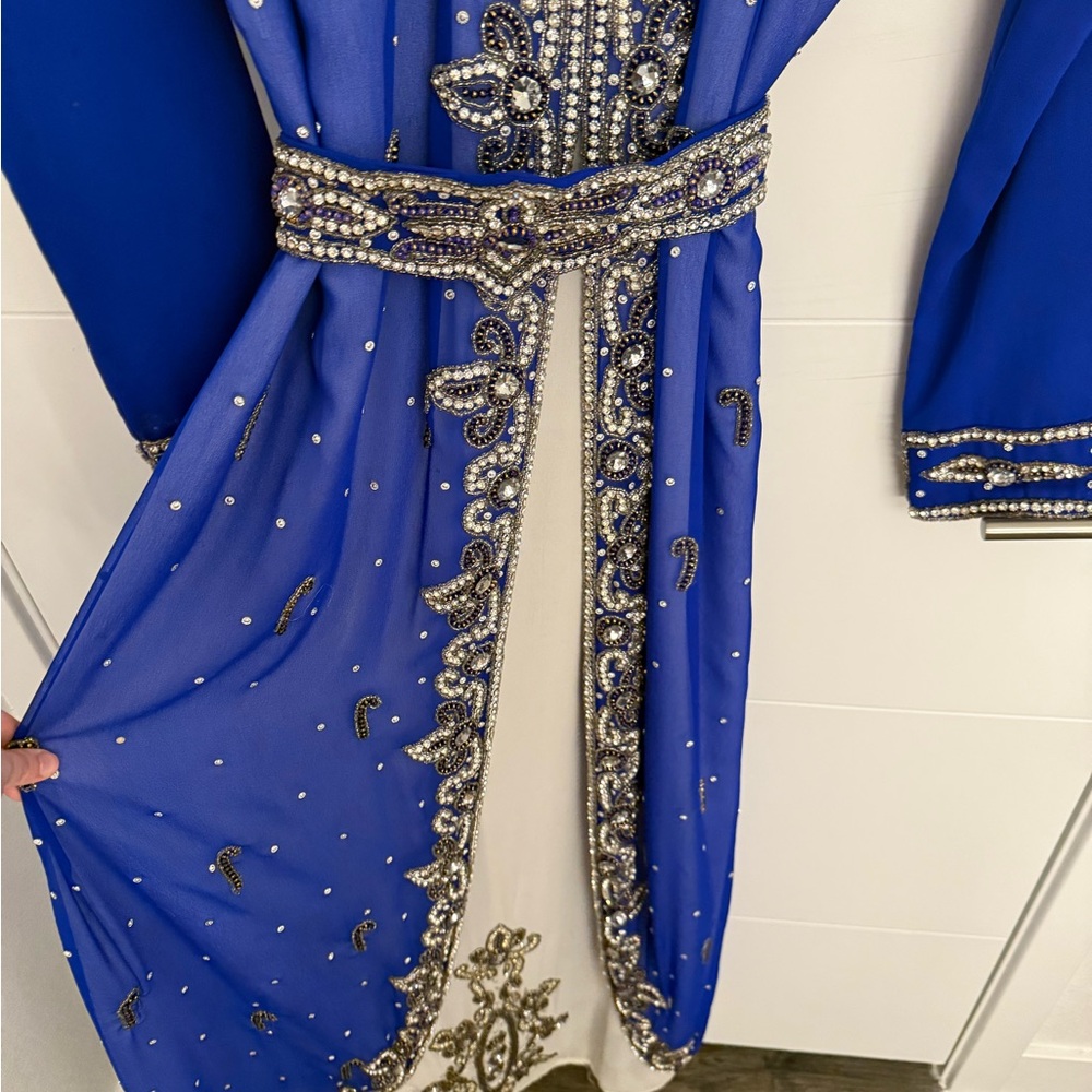 Embellished Royal Blue Evening Kaftan Dress with Beaded Detail - Picture 3 of 6